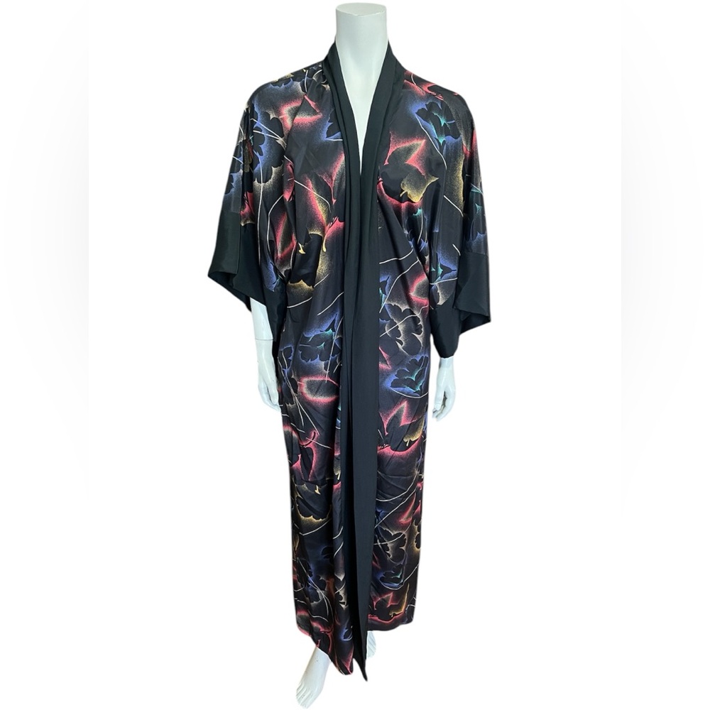 VINTAGE Michel Robichaud Black Satin Floral Long Kimono Robe – Made in Canada